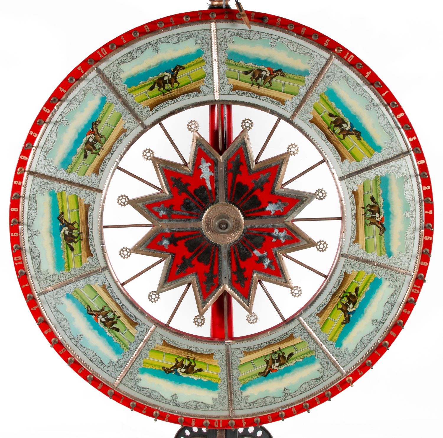 EXCEPTIONALLY GRAPHIC AND COLORFUL RACE HORSE GAME WHEEL, MADE BY H.C. EVANS, CHICAGO, CA 1920-50 

Elaborately embellished race horse gaming wheel, made by Evans & Company in Chicago. Each of the wheel's 10 panels are brightly colored lithographs