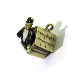 Exceptional Rare Art Deco "Man in the Doghouse" Enamel Gold Love Charm Pendant