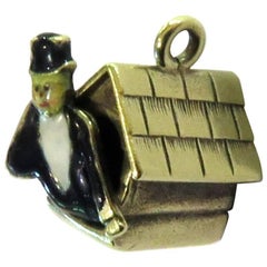 Exceptional Rare Art Deco "Man in the Doghouse" Enamel Gold Love Charm Pendant