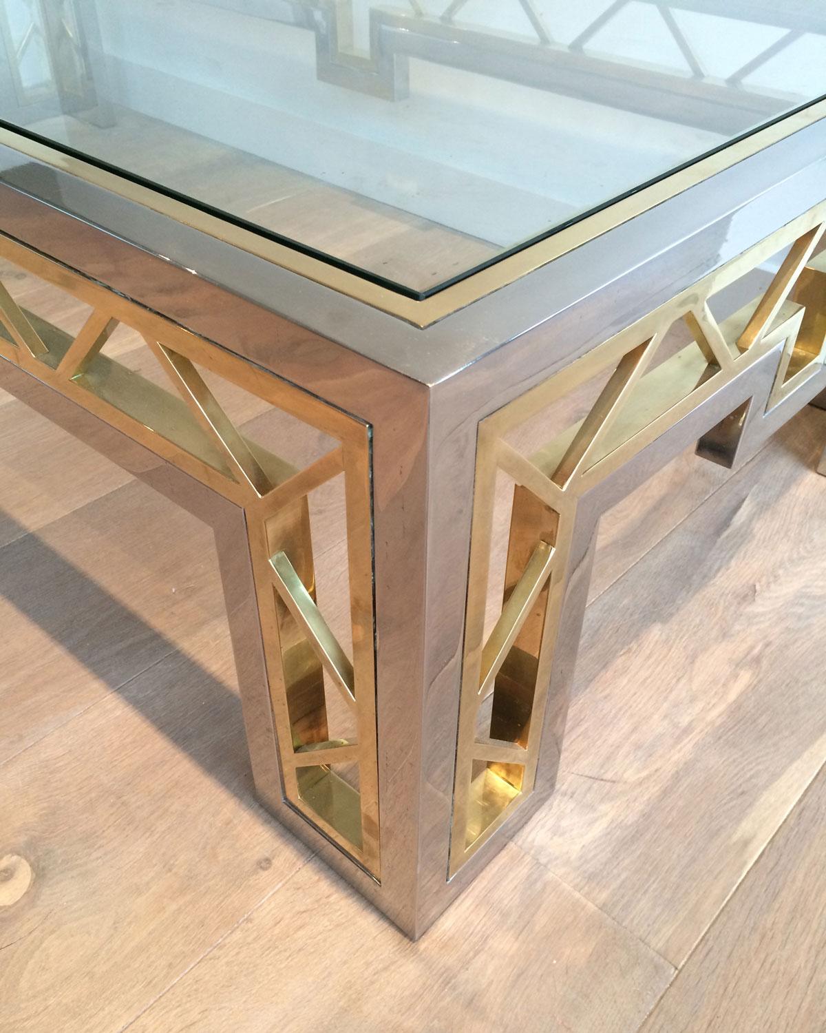 Exceptional Rare Large Chrome and Brass Coffee Table, French, circa 1970 For Sale 5