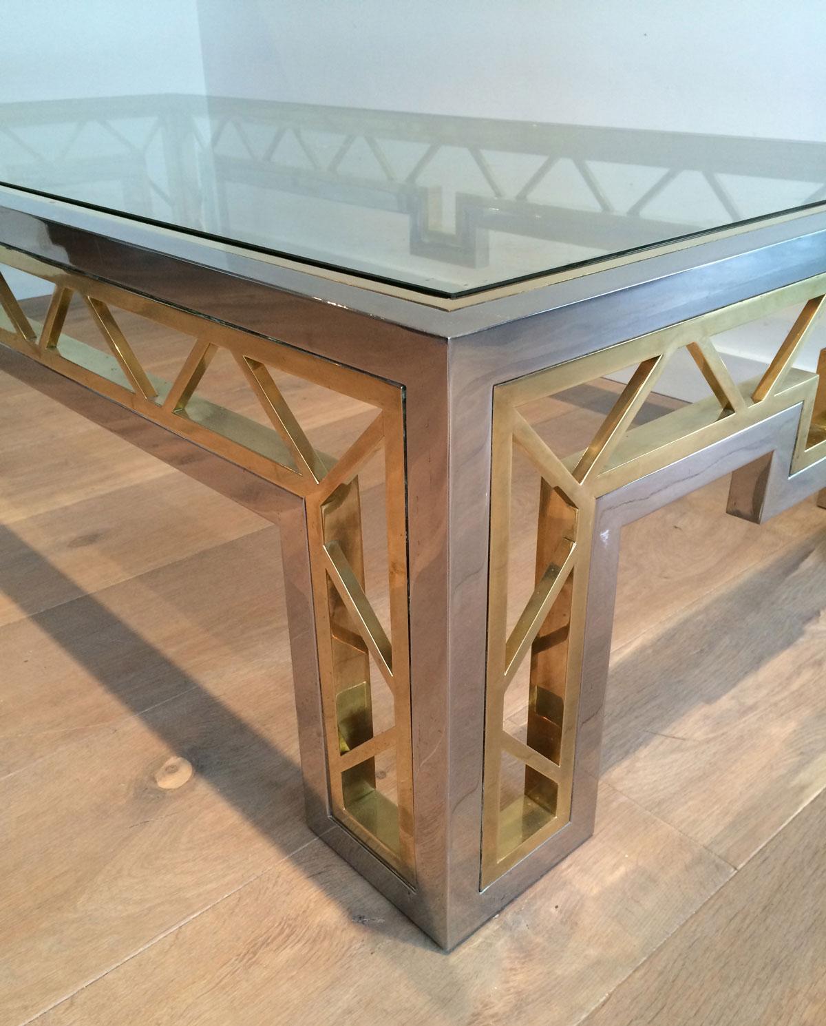 Exceptional Rare Large Chrome and Brass Coffee Table, French, circa 1970 For Sale 6