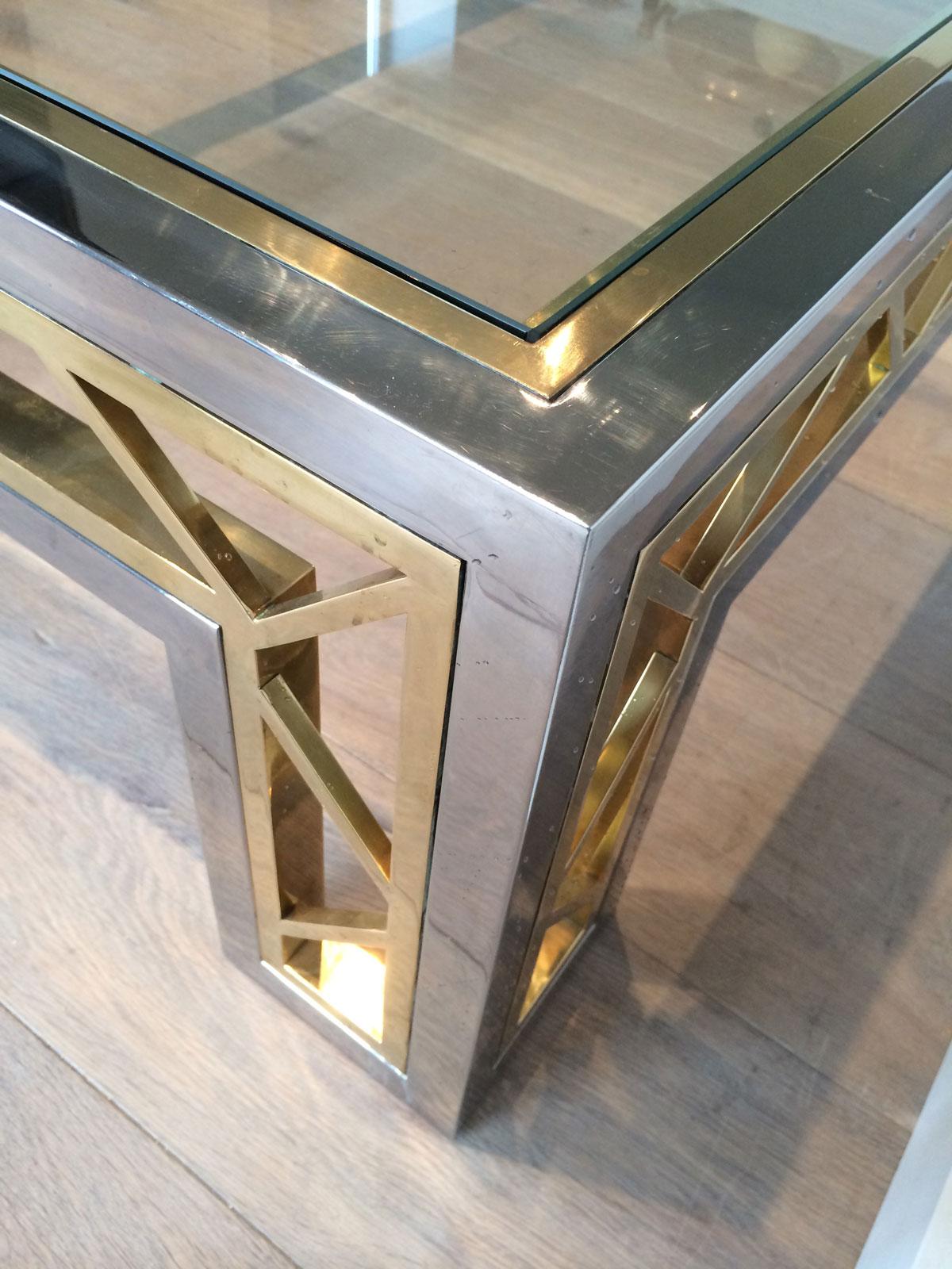 Exceptional Rare Large Chrome and Brass Coffee Table, French, circa 1970 For Sale 7