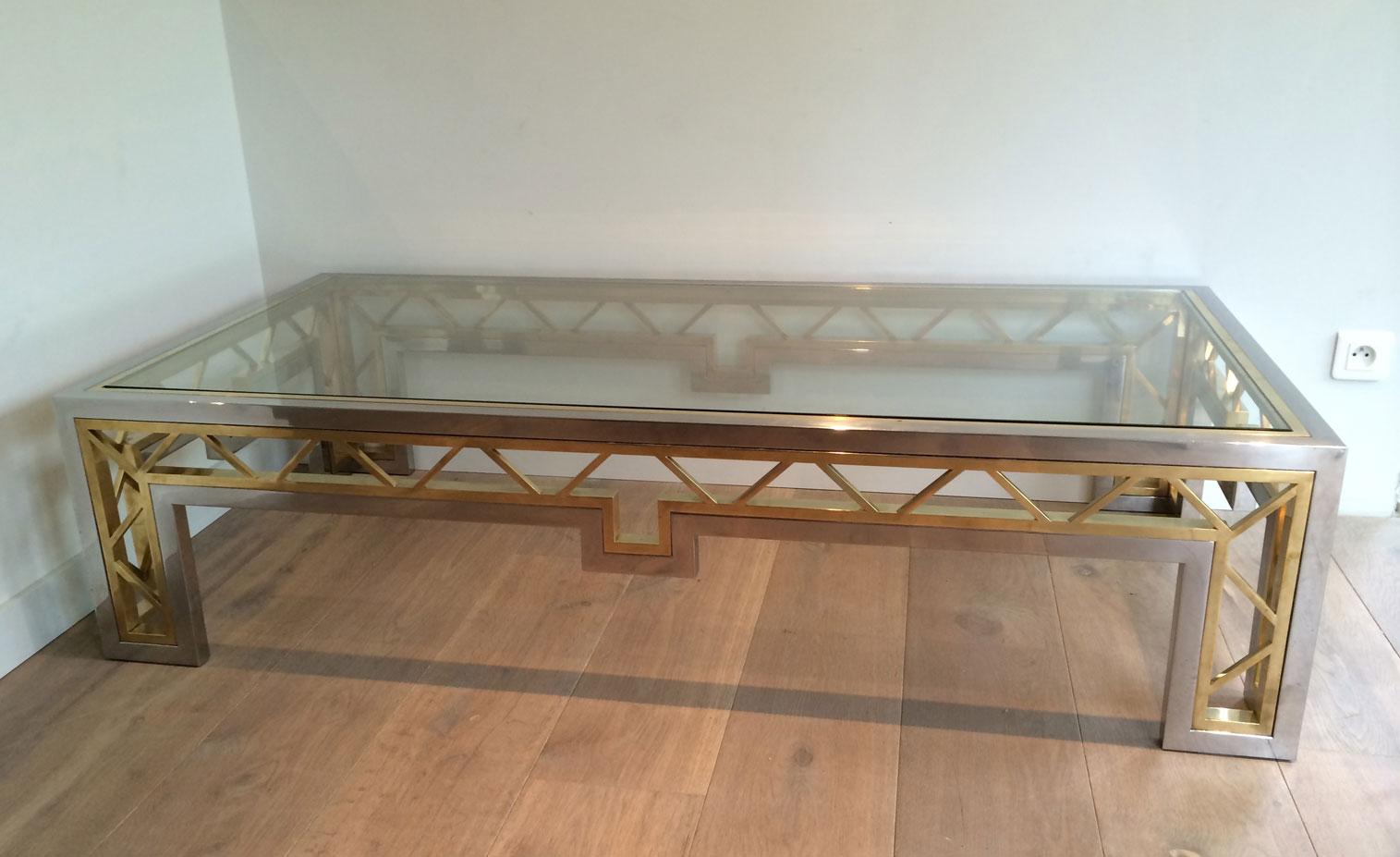 Exceptional Rare Large Chrome and Brass Coffee Table, French, circa 1970 For Sale 11