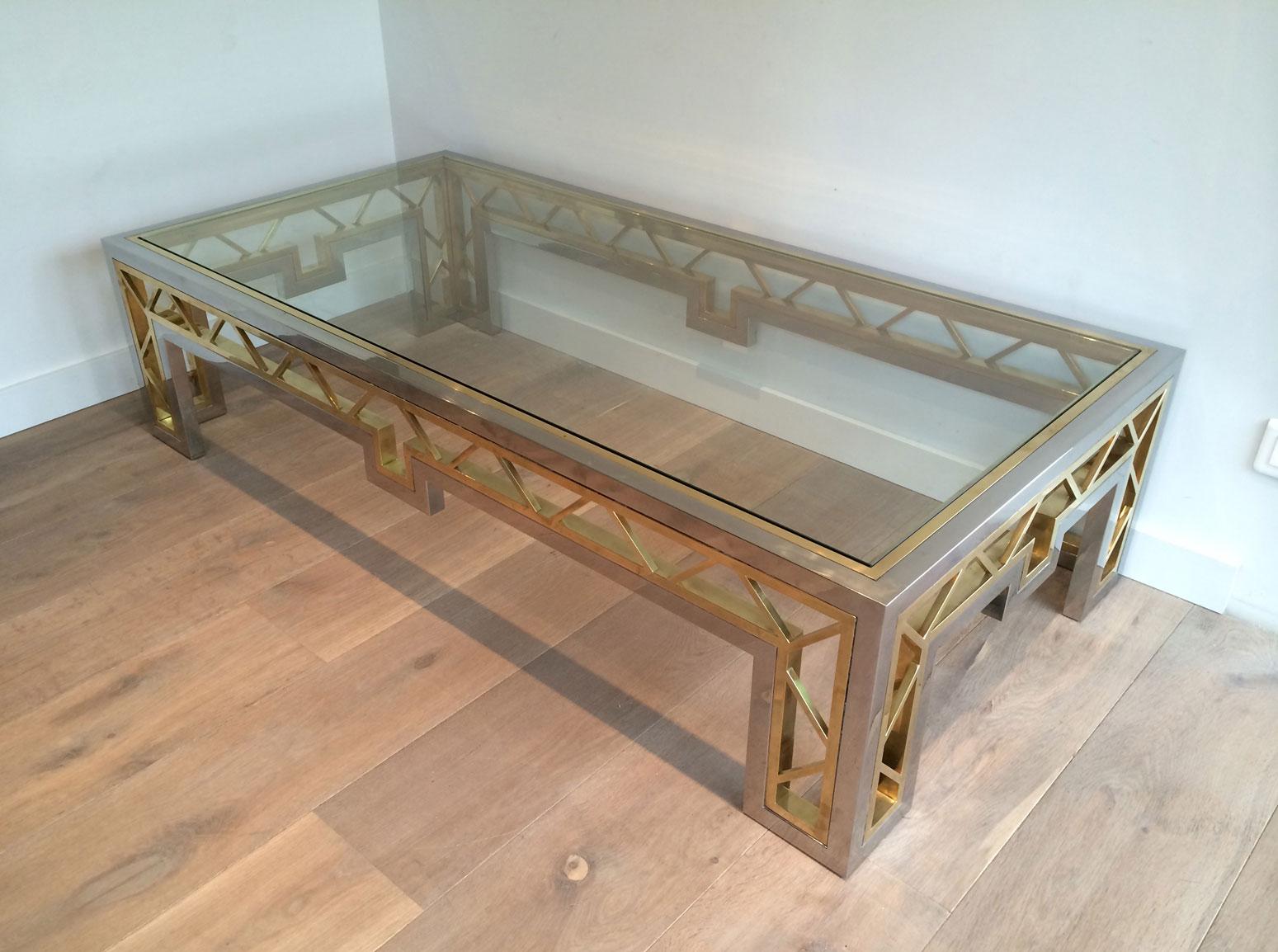 Exceptional Rare Large Chrome and Brass Coffee Table, French, circa 1970 For Sale 12
