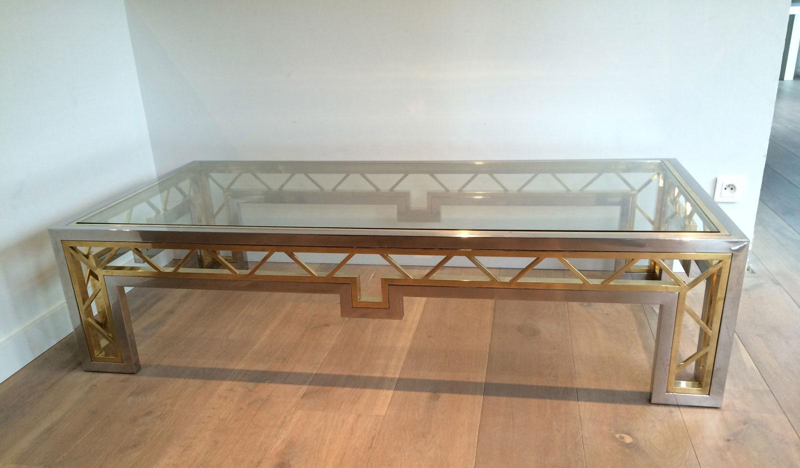 Exceptional Rare Large Chrome and Brass Coffee Table, French, circa 1970 For Sale 13