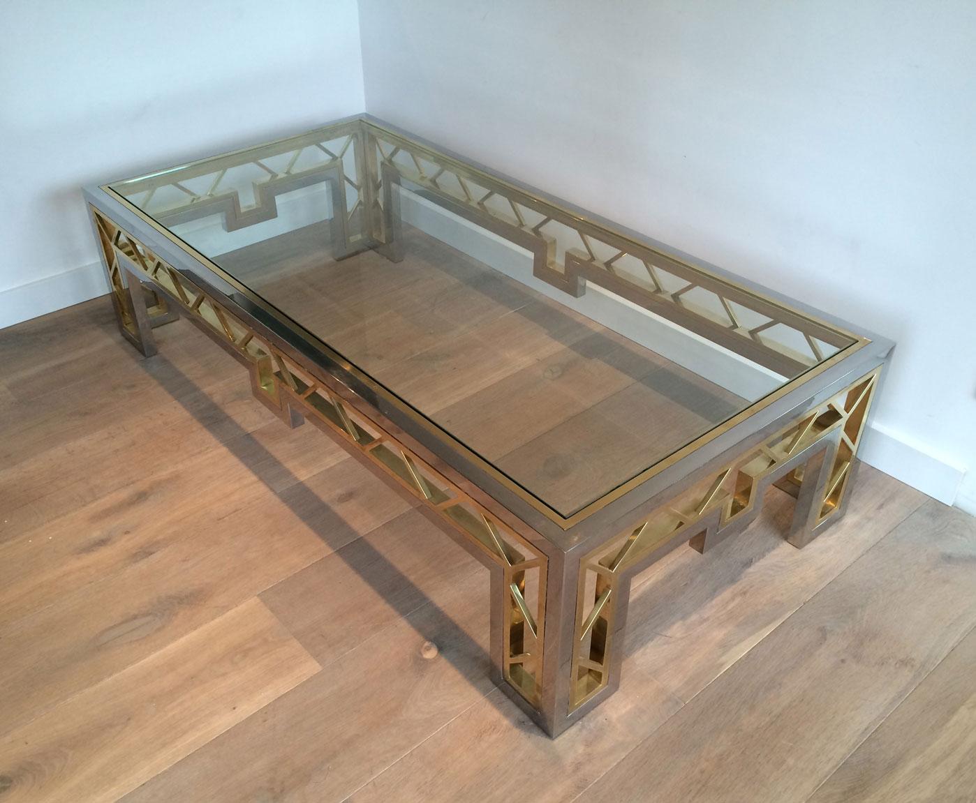 Exceptional Rare Large Chrome and Brass Coffee Table, French, circa 1970 For Sale 14