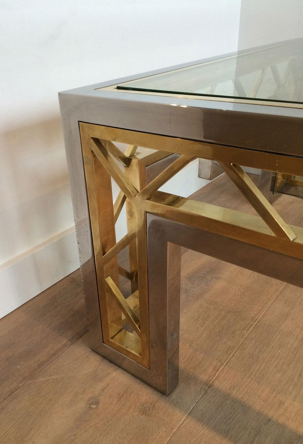 Mid-Century Modern Exceptional Rare Large Chrome and Brass Coffee Table, French, circa 1970 For Sale