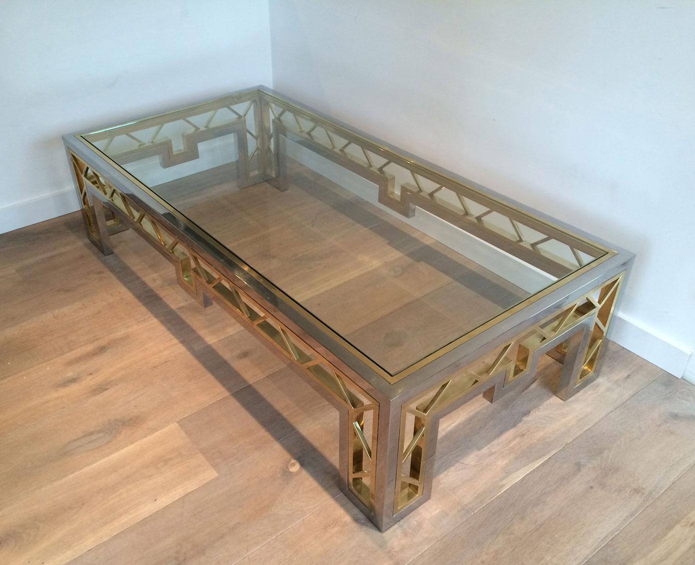 Exceptional Rare Large Chrome and Brass Coffee Table, French, circa 1970 In Good Condition For Sale In Marcq-en-Barœul, Hauts-de-France