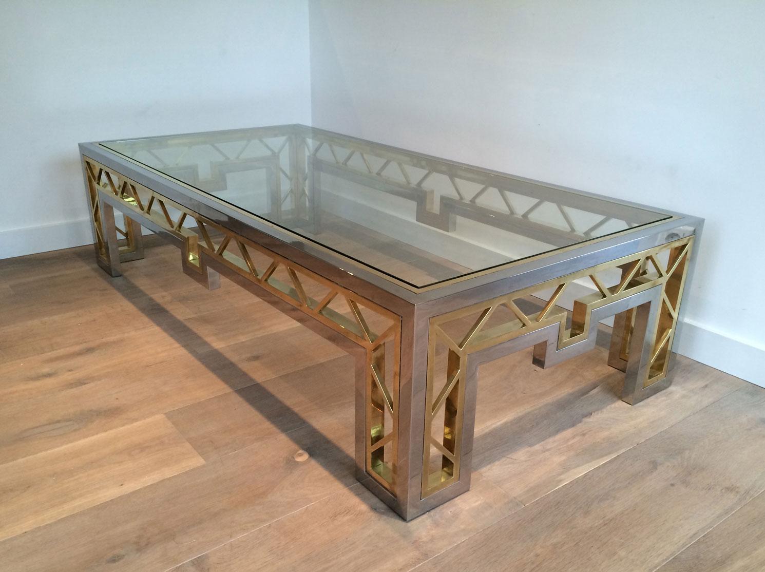 Late 20th Century Exceptional Rare Large Chrome and Brass Coffee Table, French, circa 1970 For Sale