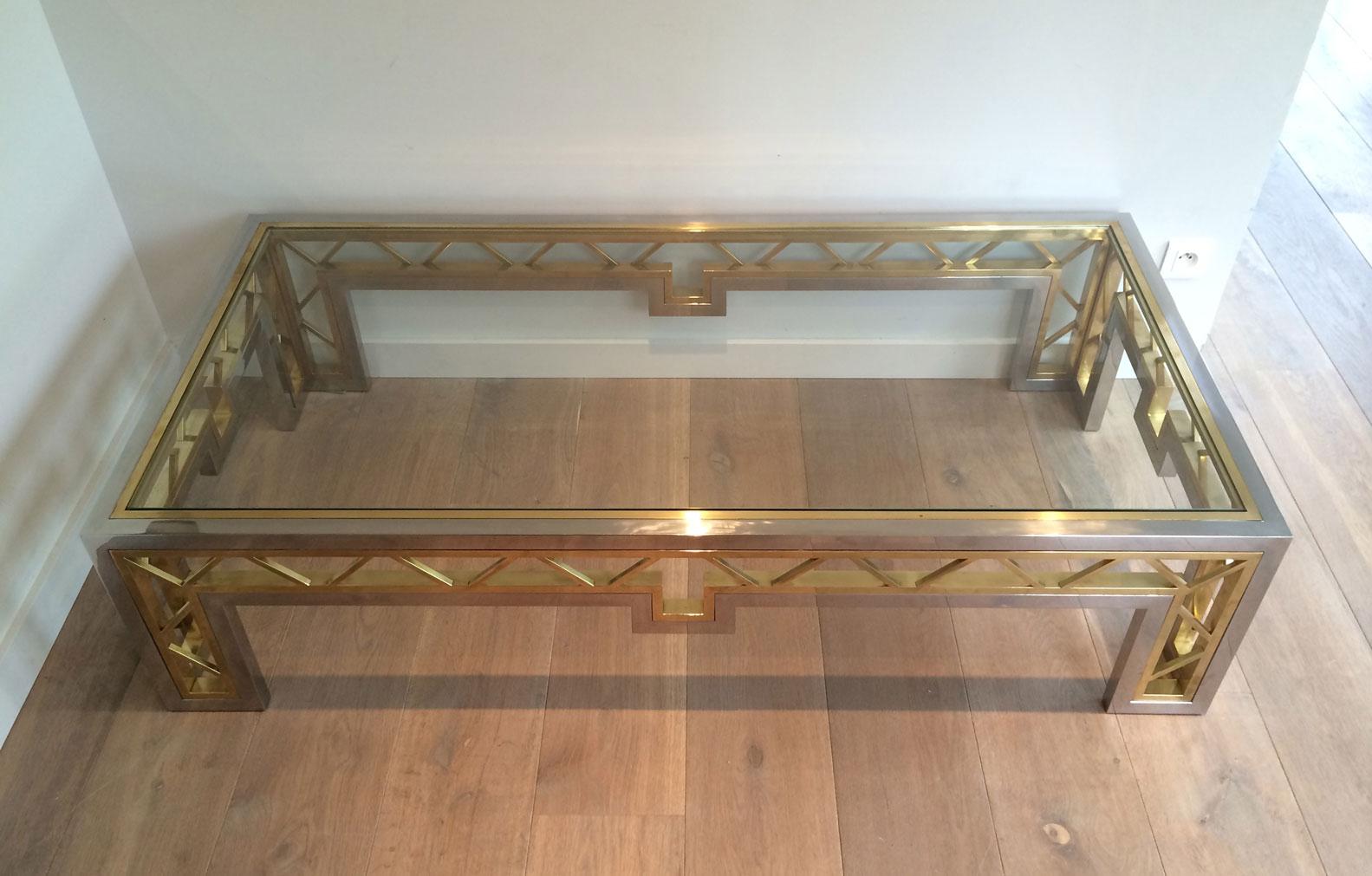 Exceptional Rare Large Chrome and Brass Coffee Table, French, circa 1970 For Sale 1