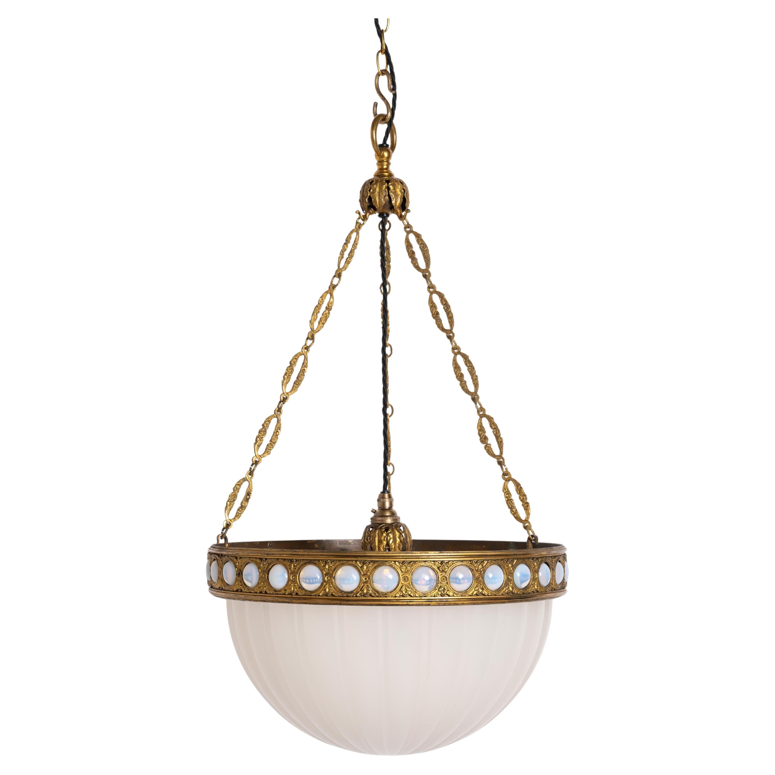 Eccezionale e raro Plafonnier di pietra di luna in uno speciale anello decorativo in ottone dorato