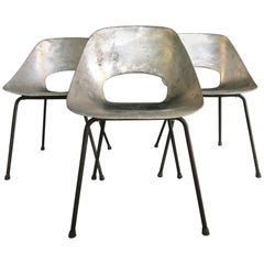 Exceptional Rare Set of 3 "Tonneau" Aluminum Chairs by Pierre Guariche, 1950s