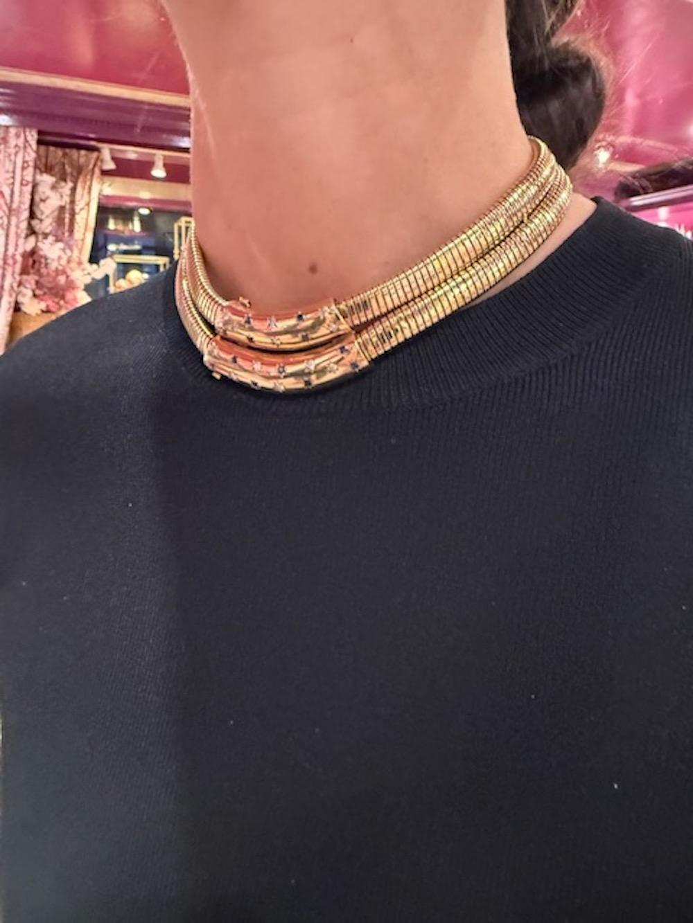 Exceptional & Rare Vintage Gold Diamond and Sapphire Double Tubogas Necklace Art Decó en venta