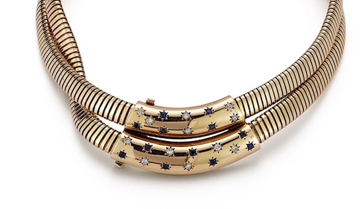 Exceptional & Rare Vintage Gold Diamond and Sapphire Double Tubogas Necklace In Excellent Condition In New York, NY