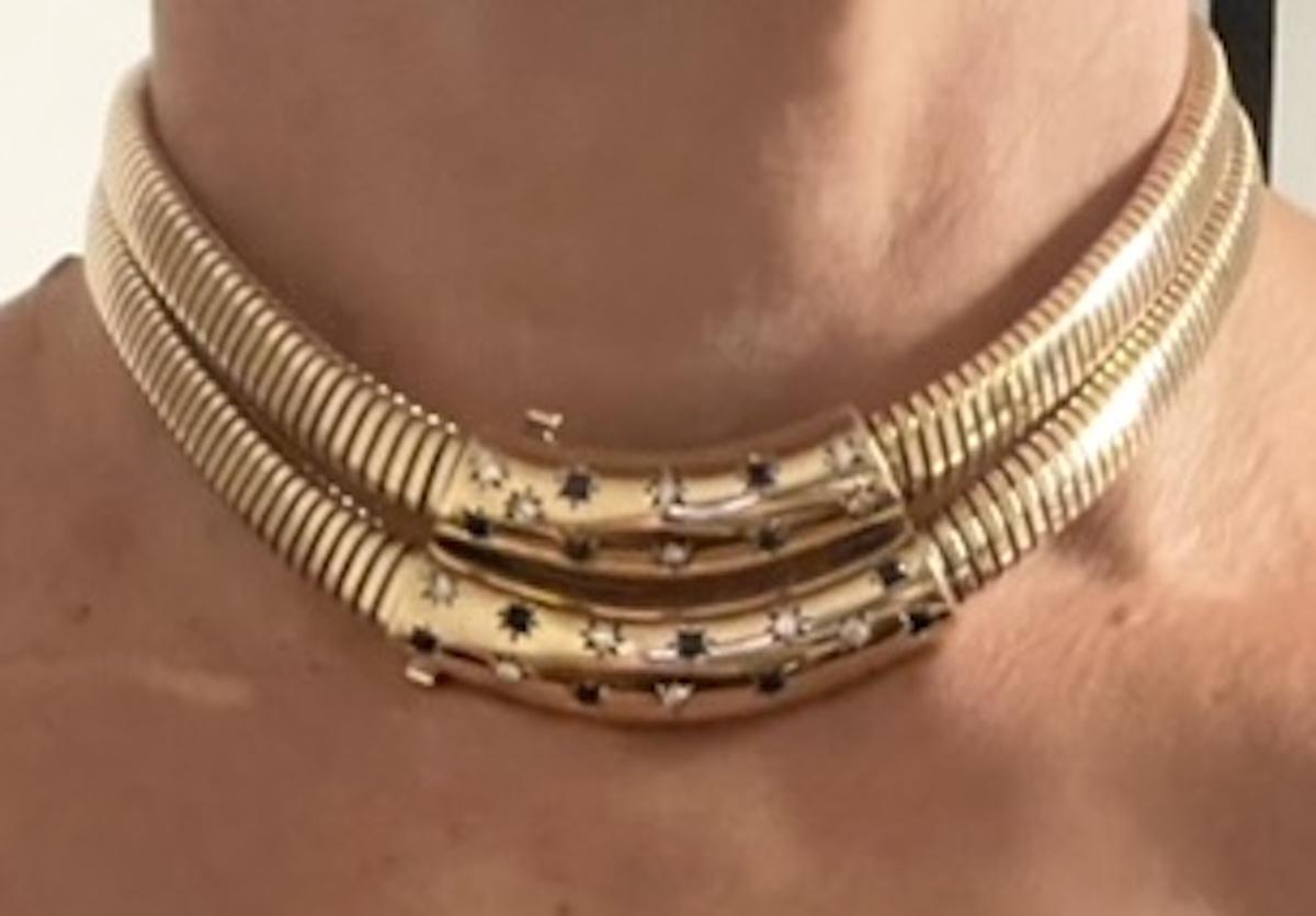 Women's or Men's Exceptional & Rare Vintage Gold Diamond and Sapphire Double Tubogas Necklace