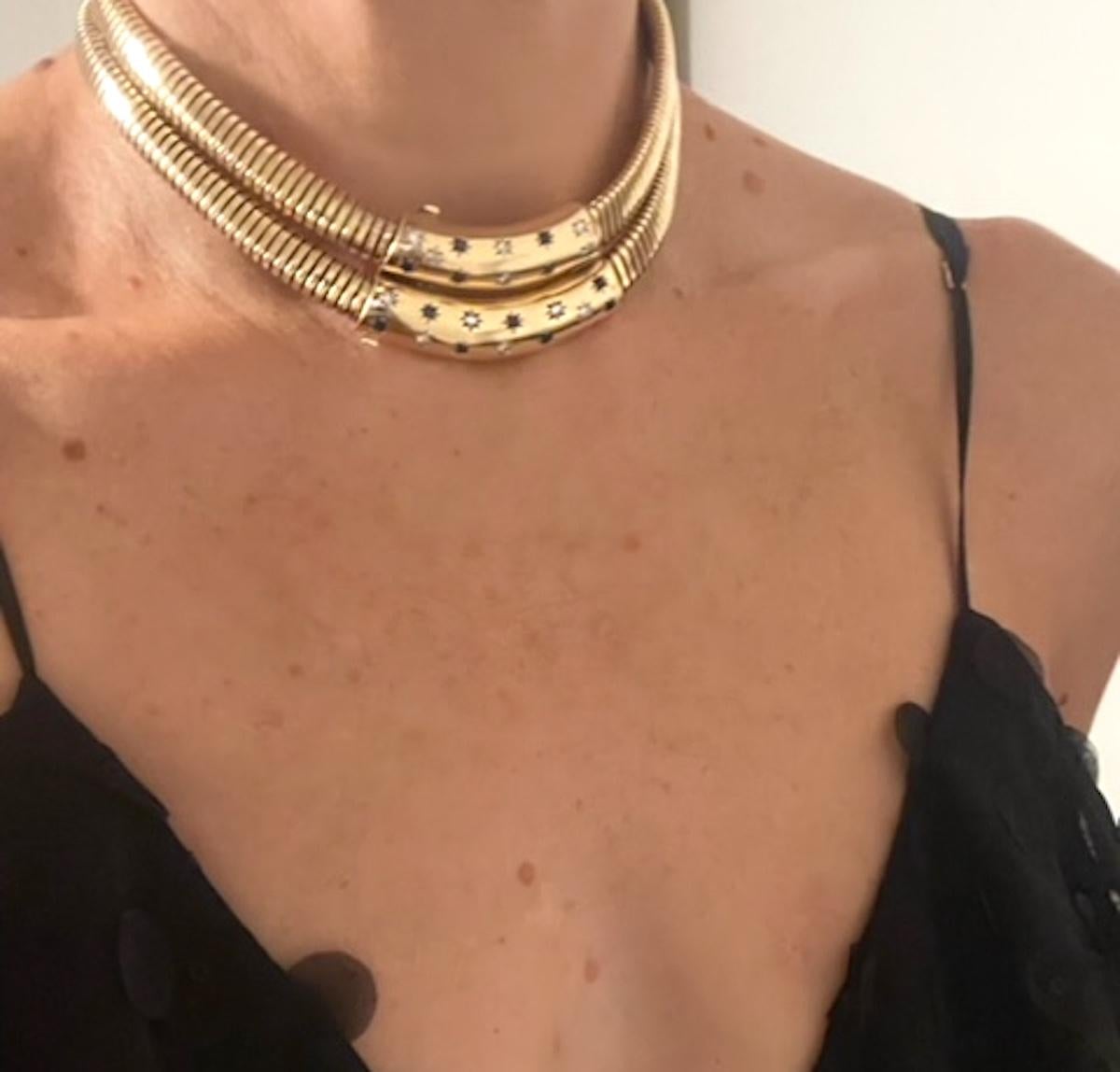 Exceptional & Rare Vintage Gold Diamond and Sapphire Double Tubogas Necklace 2