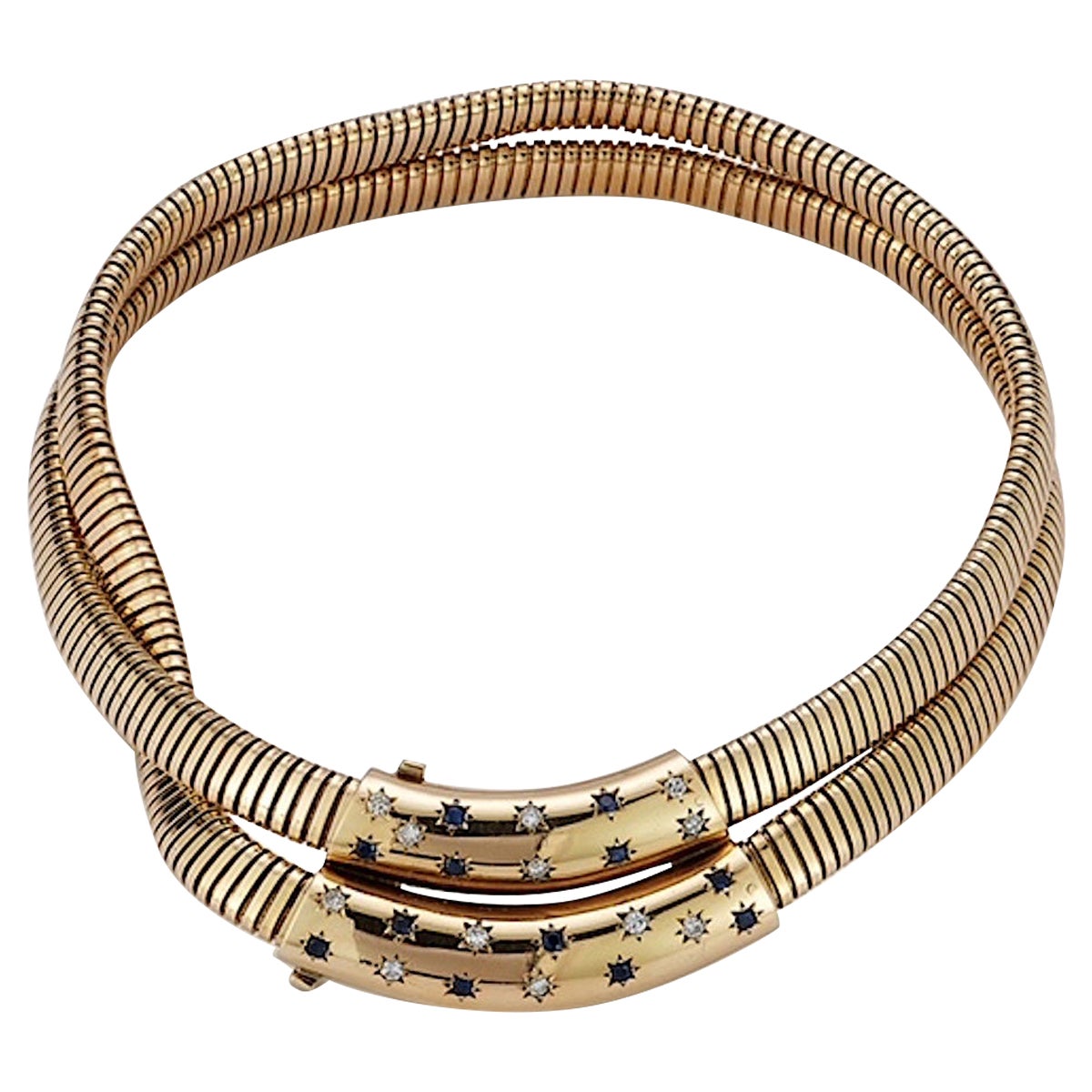 Exceptional & Rare Vintage Gold Diamond and Sapphire Double Tubogas Necklace en venta