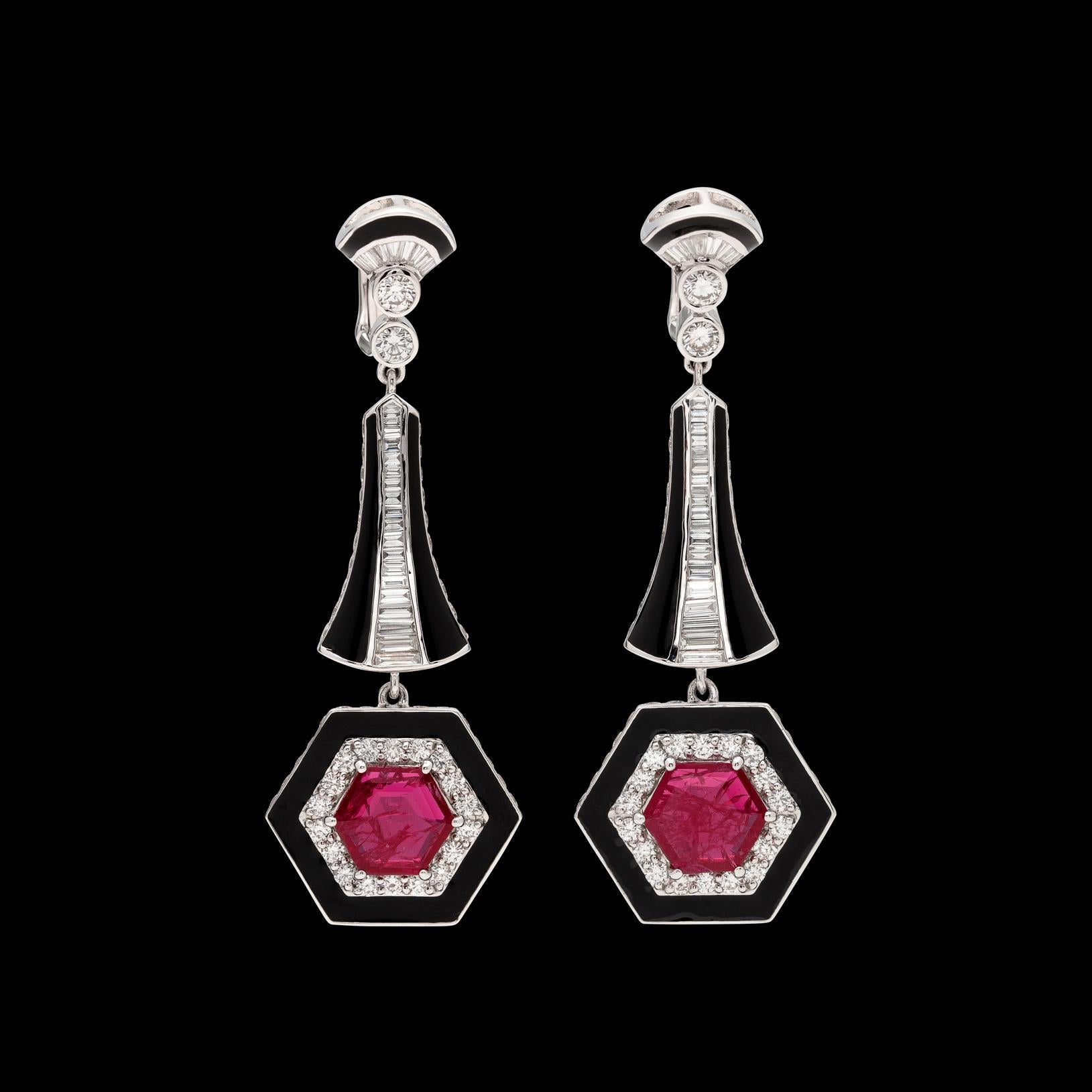 Art Deco Red Ruby, Diamond and Enamel Drop Earrings For Sale