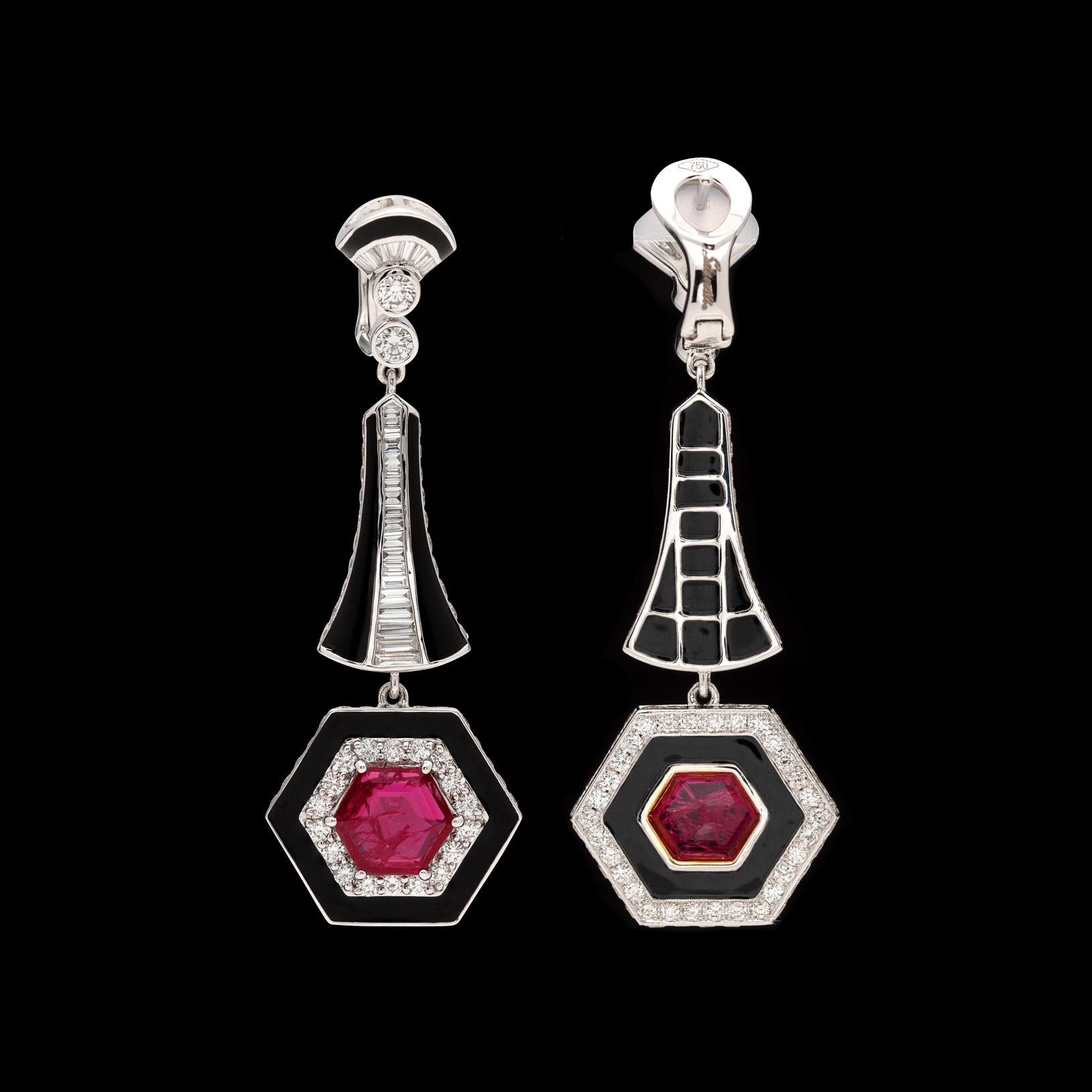 Women's Red Ruby, Diamond and Enamel Drop Earrings For Sale
