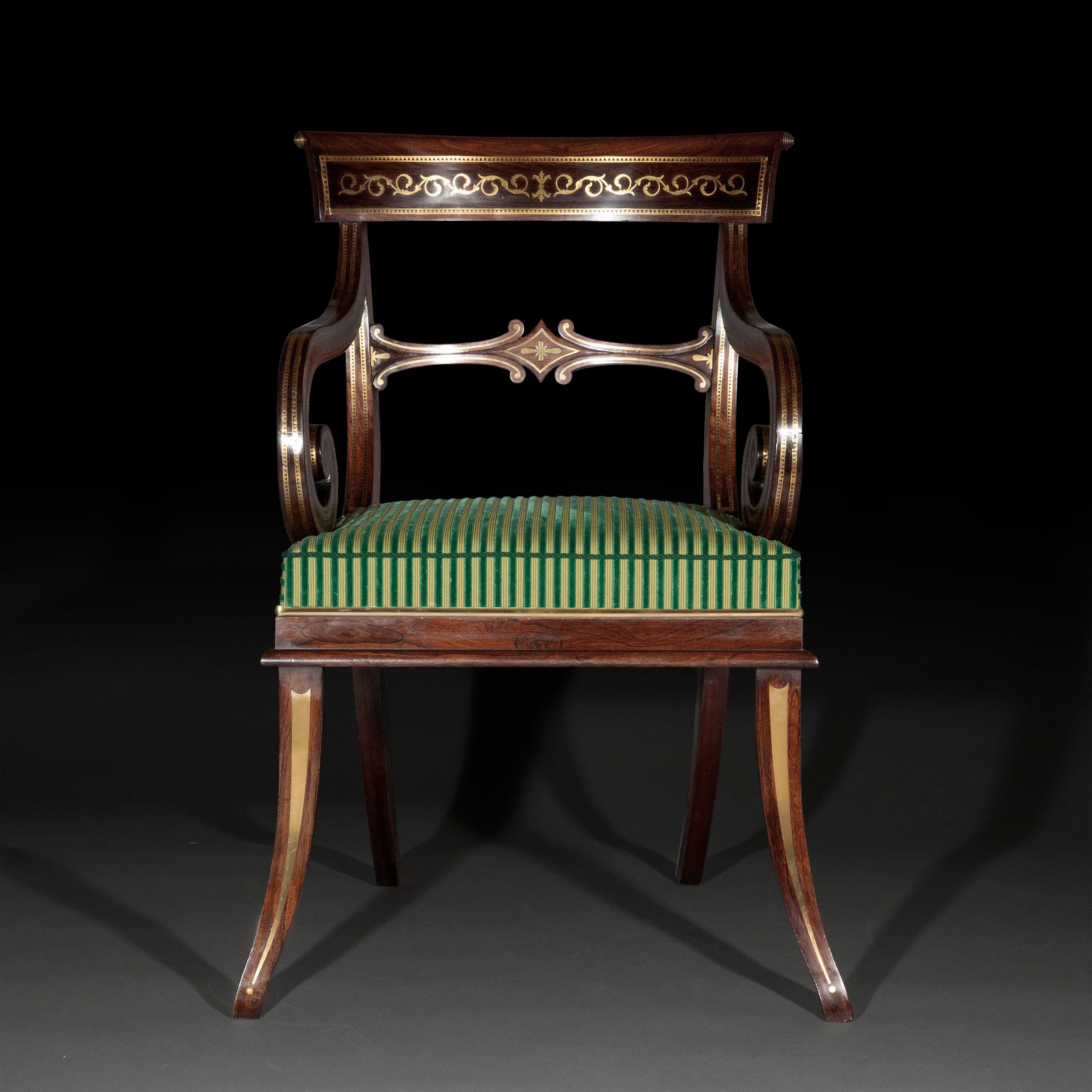 An exceptional quality, early 19th century Regency period open armchair, of well-shaped Klismos outline and rare generous proportions, attributed to George Oakley,

England, circa 1810.

Why we like it
Its exquisite inlaid brass decoration together