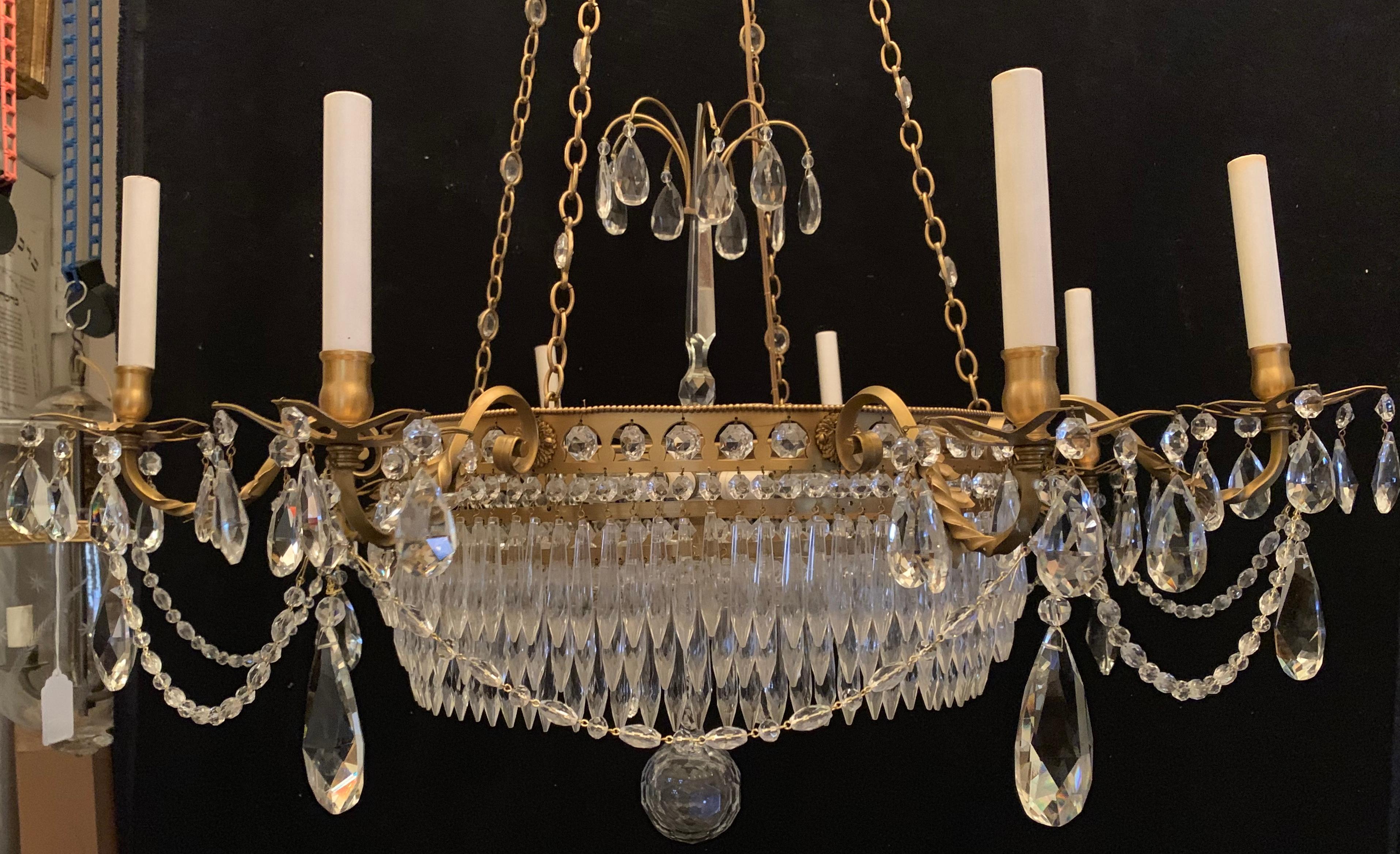 Exceptional Regency Gilt Bronze Cut Crystal Center Bowl Empire Baltic Chandelier For Sale 2