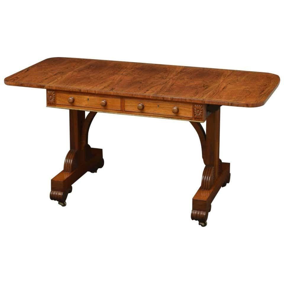 Sn3601 Exceptional brass inlaid, Regency sofa table in rosewood, having stunning figured and brass inlaid drop leaf top above 2 cockbeaded drawers and 2 dummy drawers to opposite side fitted with turned knobs, all raised on elegant supports with