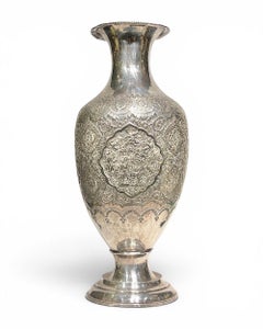 Exceptional Repousse and Chased Persian Silver Vase