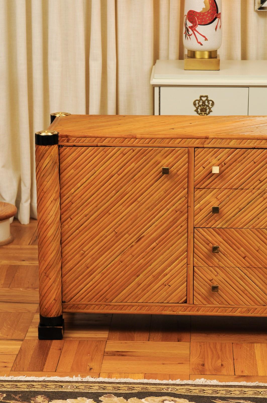 Unknown Exceptional Restored Neoclassical Style Commode in Bamboo and Brass, circa 1975 For Sale