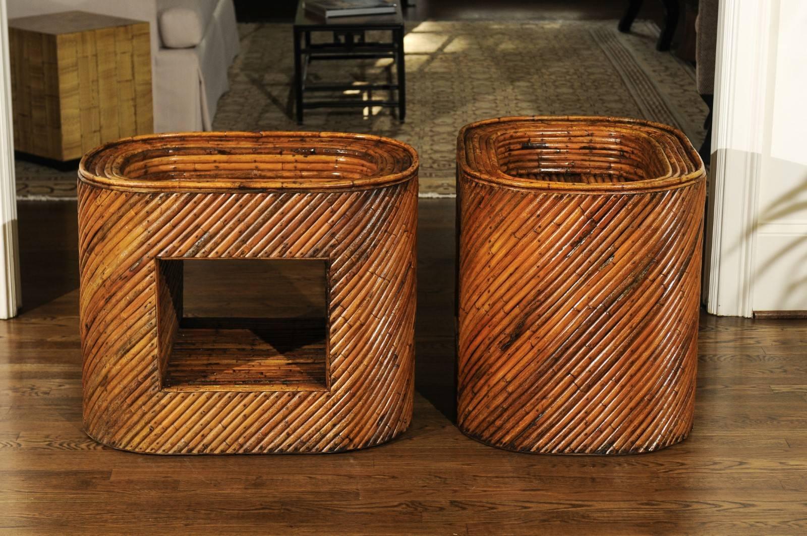 Exceptional Restored Pair of Bamboo Display End Tables, circa 1975 For Sale 4