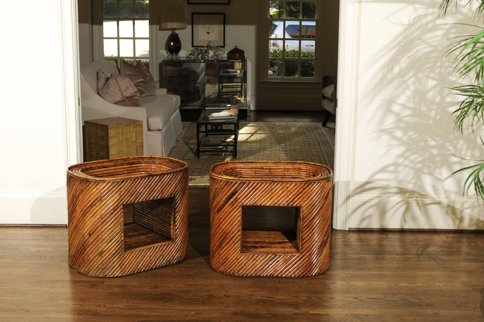 Mid-Century Modern Exceptional Restored Pair of Bamboo Display End Tables, circa 1975 For Sale