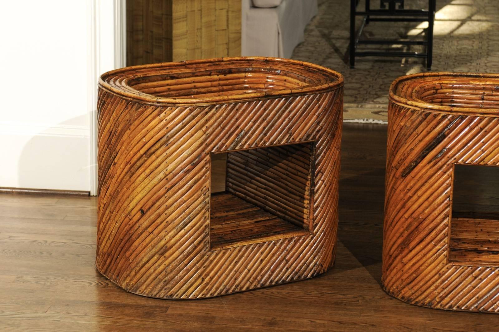 Unknown Exceptional Restored Pair of Bamboo Display End Tables, circa 1975 For Sale