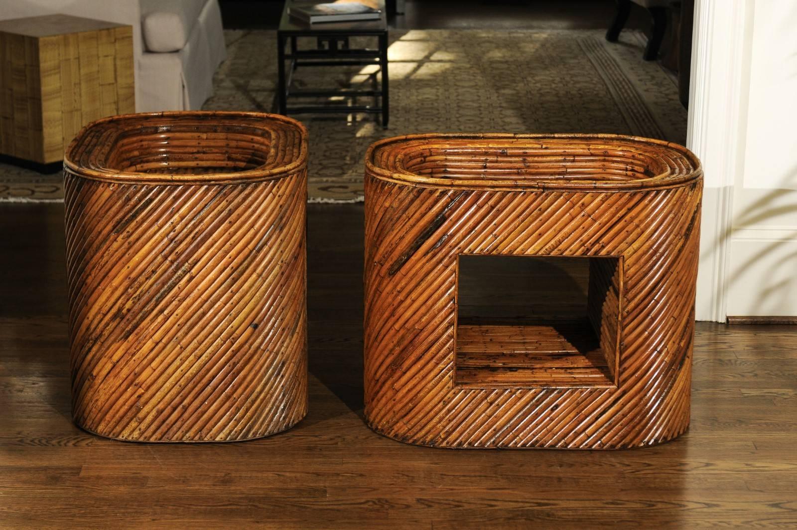 Late 20th Century Exceptional Restored Pair of Bamboo Display End Tables, circa 1975 For Sale