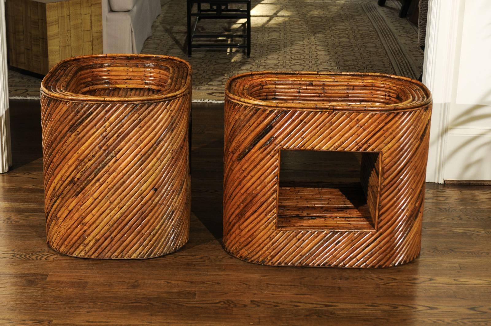Exceptional Restored Pair of Bamboo Display End Tables, circa 1975 For Sale 1