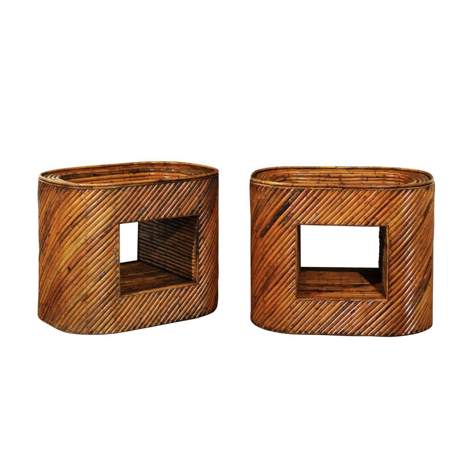Exceptional Restored Pair of Bamboo Display End Tables, circa 1975 For Sale