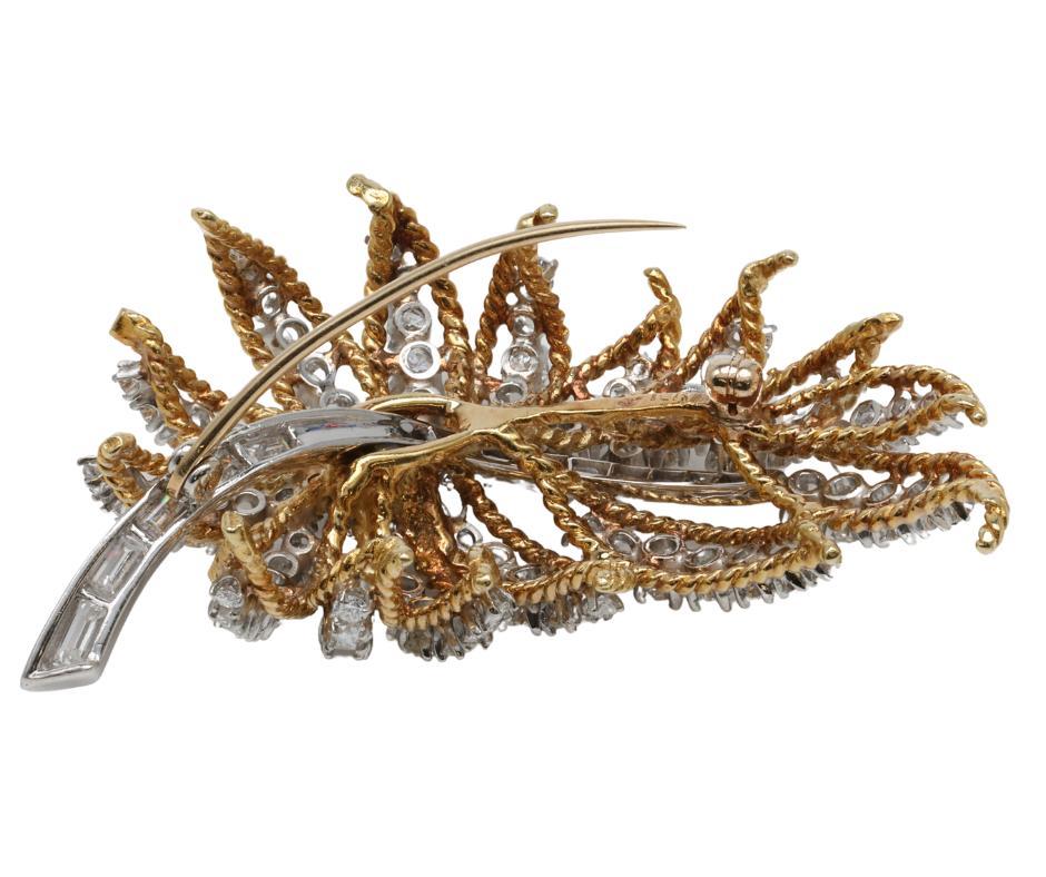 Round Cut Exceptional Retro Brooch 18k Yellow Gold, Platinum and 5.50ctw Diamonds For Sale