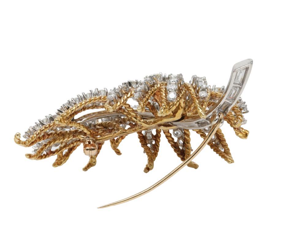 Exceptional Retro Brooch 18k Yellow Gold, Platinum and 5.50ctw Diamonds In Excellent Condition For Sale In Tampa, FL