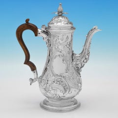 Exceptional Rococo design chased antique sterling silver coffee pot made in 1764