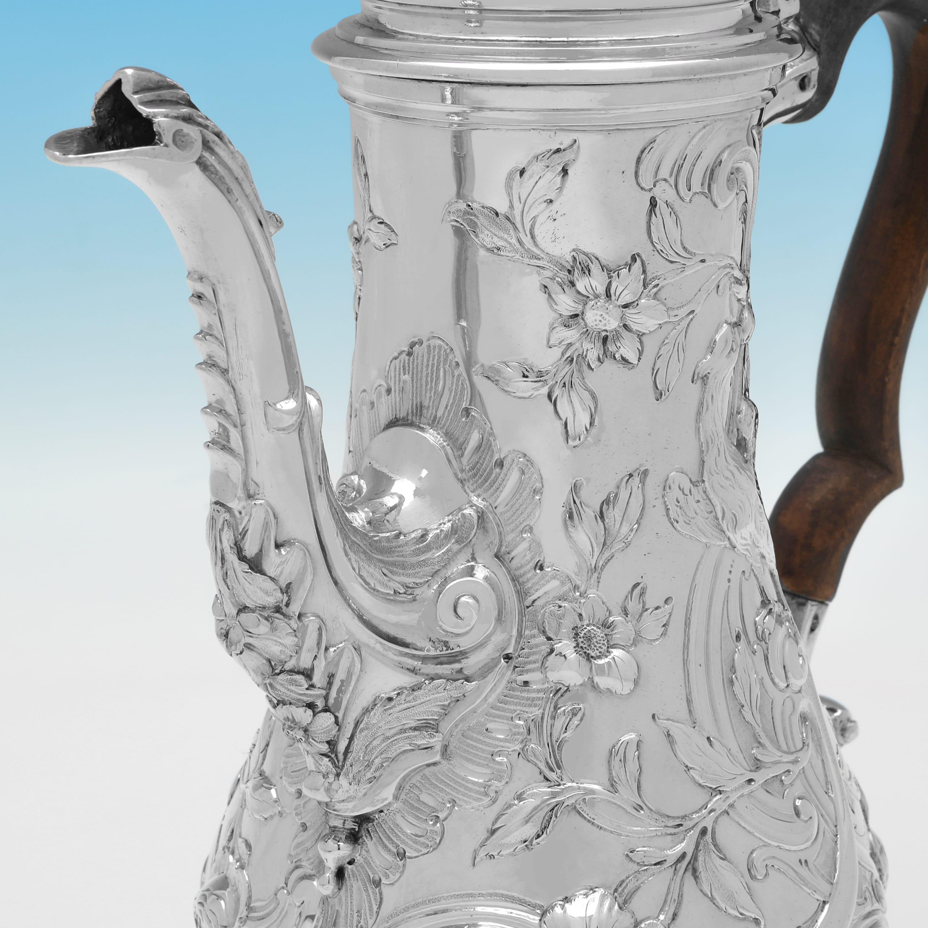 English Exceptional Rococo design chased antique sterling silver coffee pot made in 1764 For Sale