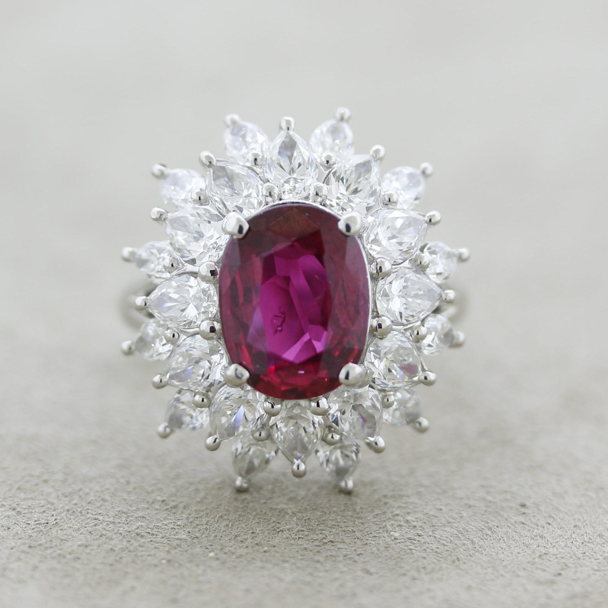 Simply stunning! The ruby is one of the finest we have seen in quite a while. It has a bright intense pure red color that rivals any ruby on the market. Adding to that it weighs a very respectable 3.01 carats, large for ruby standards. It is
