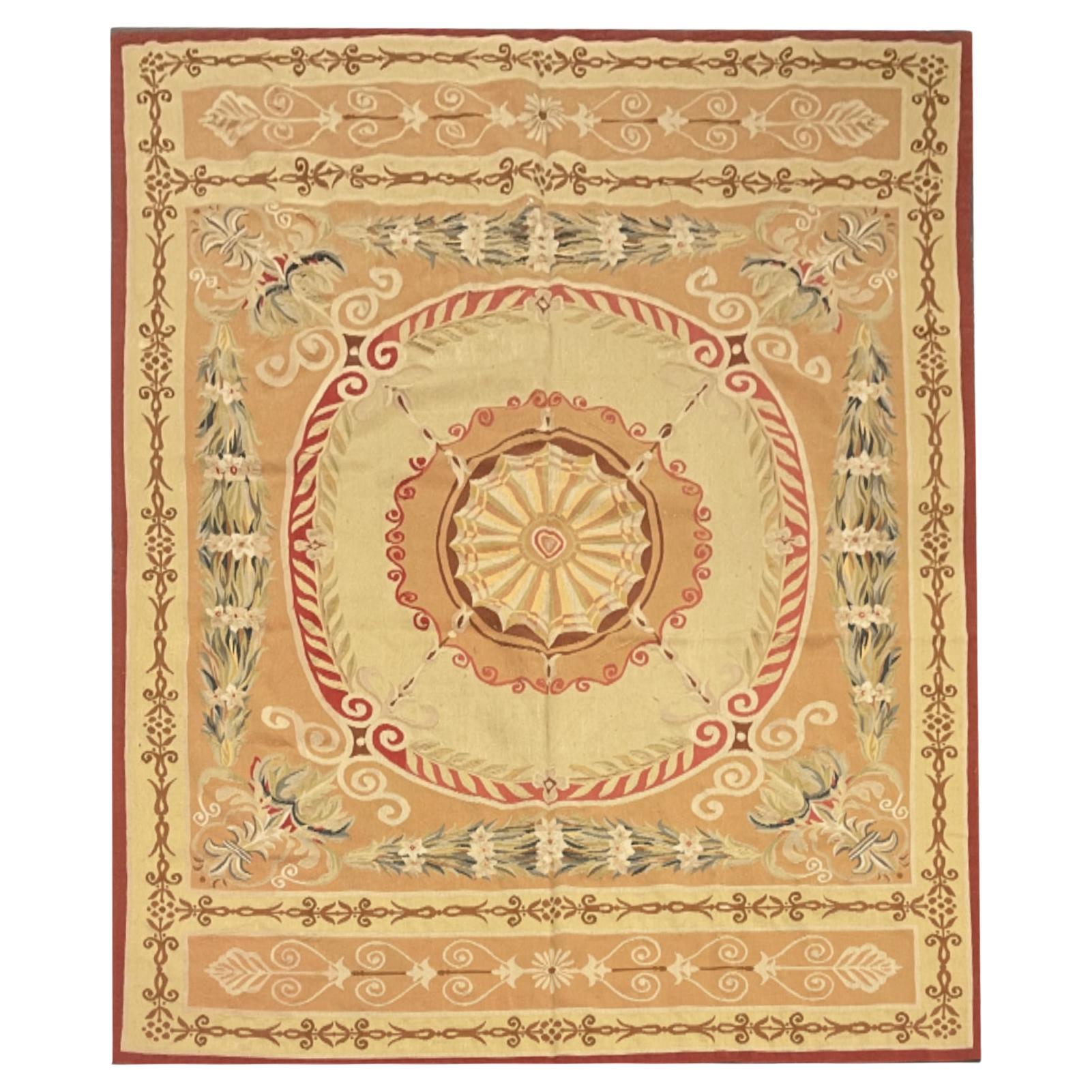 Exceptional Rug Handmade Aubusson Rug French Carpet Vintage Rust Beige Wool Rugs For Sale