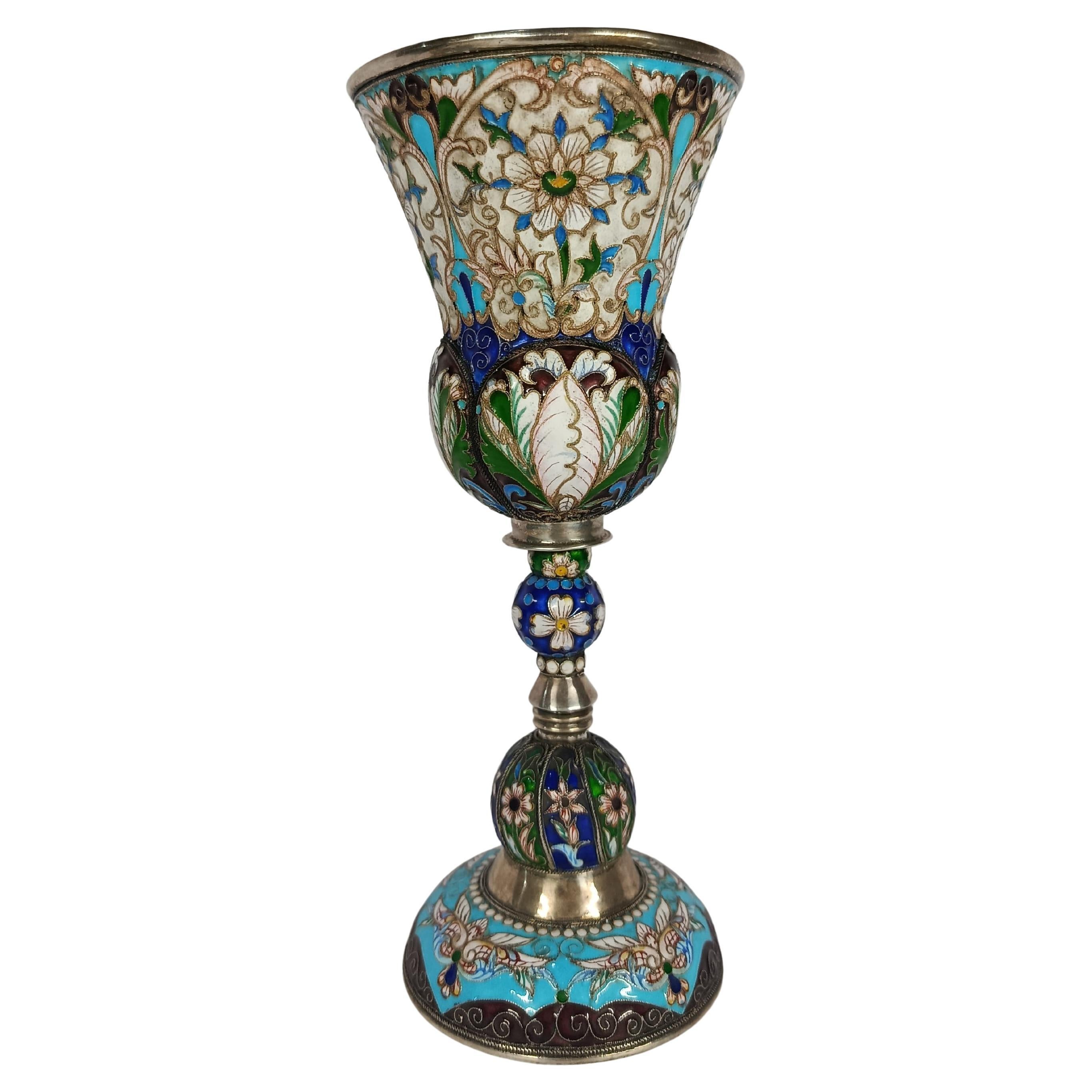 Exceptional Russian Silver Goblet with Cloisonné Enamel For Sale
