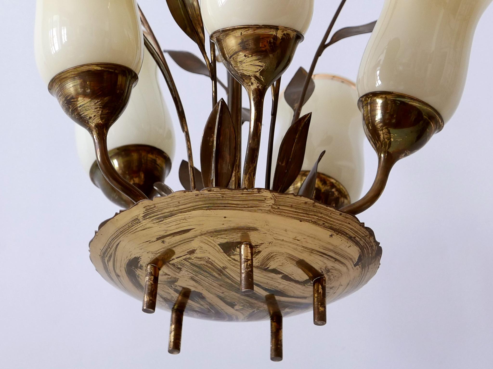 Exceptional Scandinavian Brass & Opal Glass Chandelier or Ceiling Lamp, 1950s For Sale 6