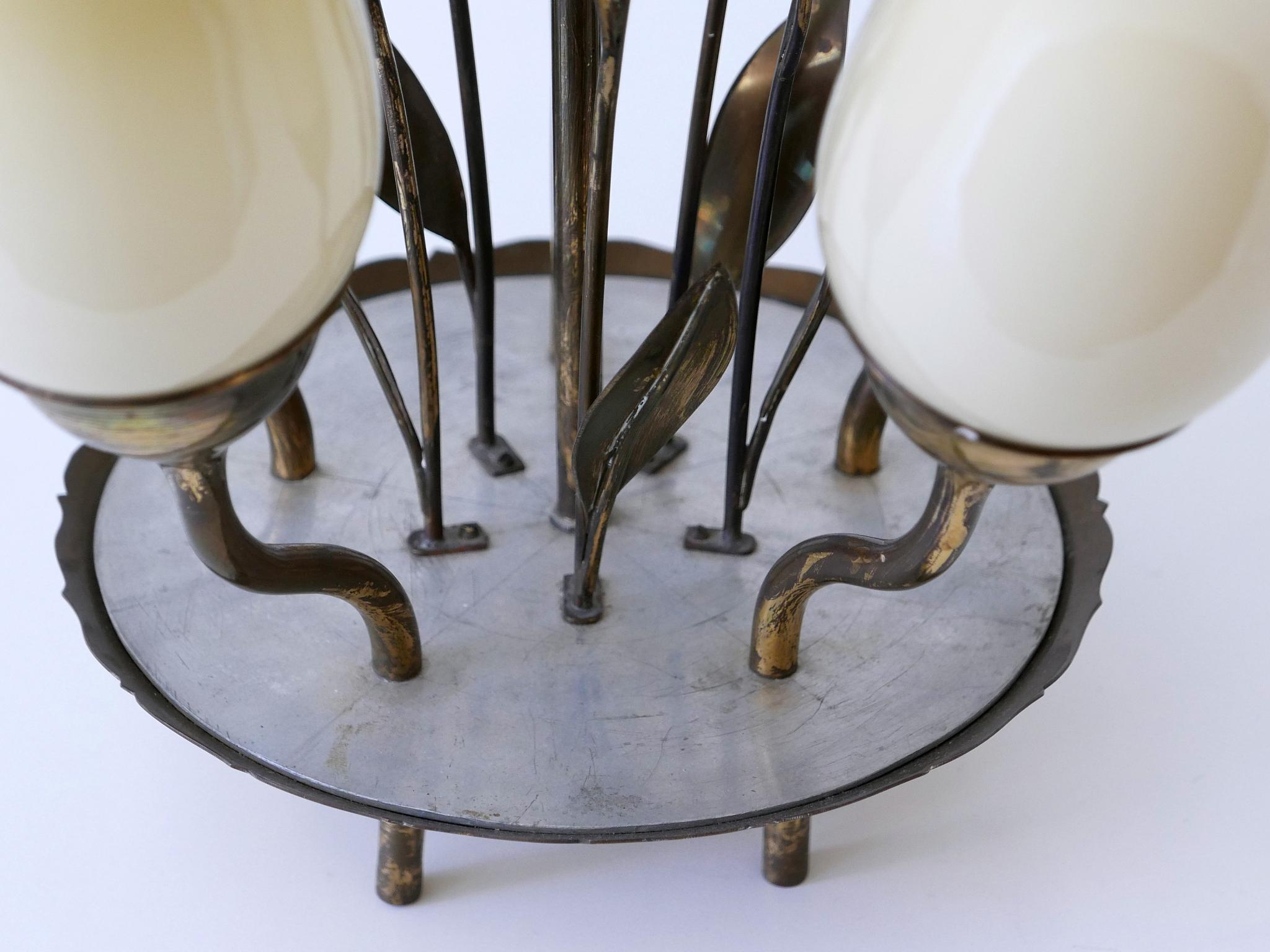 Exceptional Scandinavian Brass & Opal Glass Chandelier or Ceiling Lamp, 1950s For Sale 9