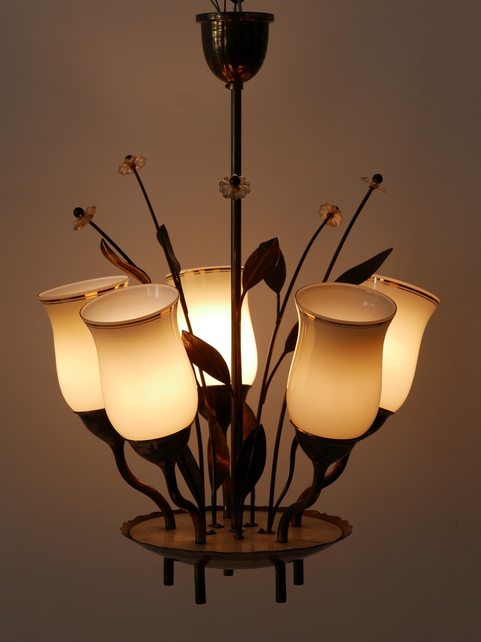Finnish Exceptional Scandinavian Brass & Opal Glass Chandelier or Ceiling Lamp, 1950s For Sale