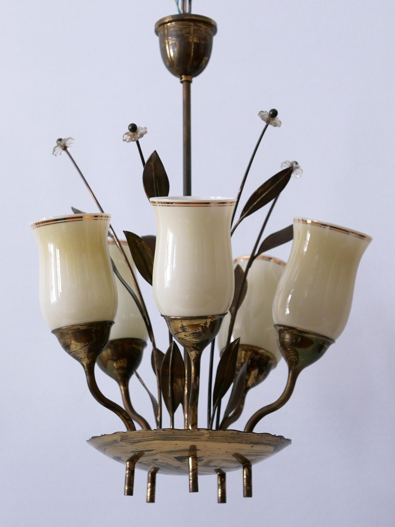 Patinated Exceptional Scandinavian Brass & Opal Glass Chandelier or Ceiling Lamp, 1950s For Sale