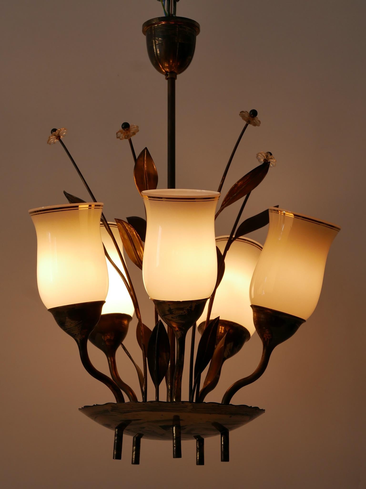 Exceptional Scandinavian Brass & Opal Glass Chandelier or Ceiling Lamp, 1950s In Good Condition For Sale In Munich, DE