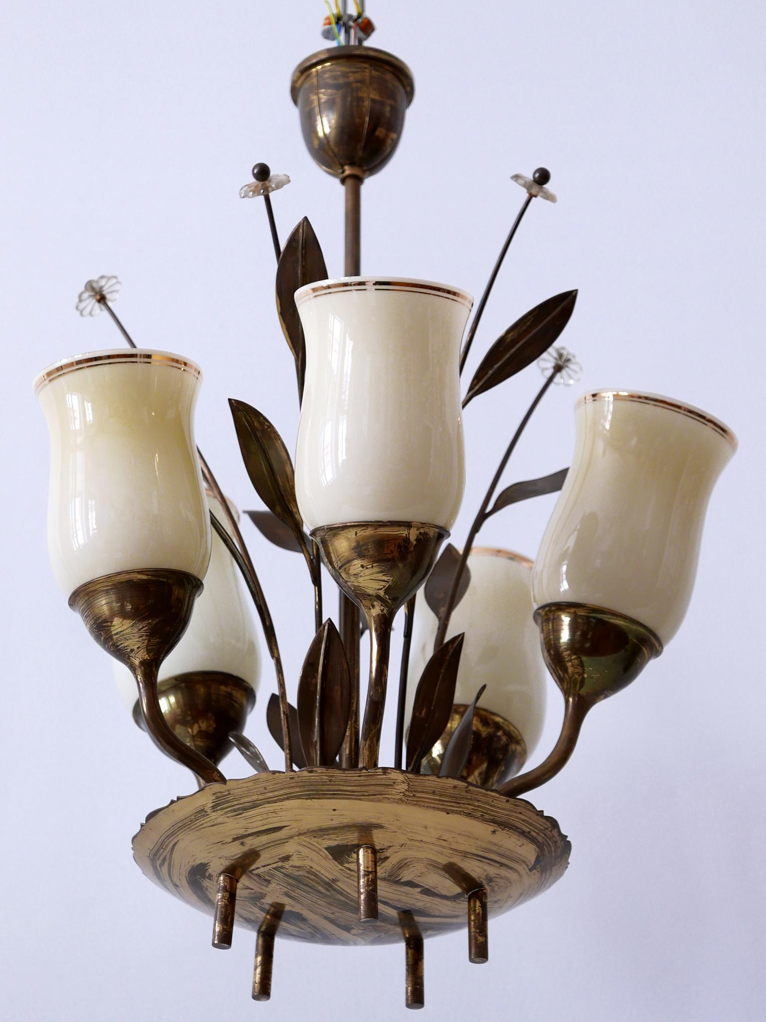 Mid-20th Century Exceptional Scandinavian Brass & Opal Glass Chandelier or Ceiling Lamp, 1950s For Sale