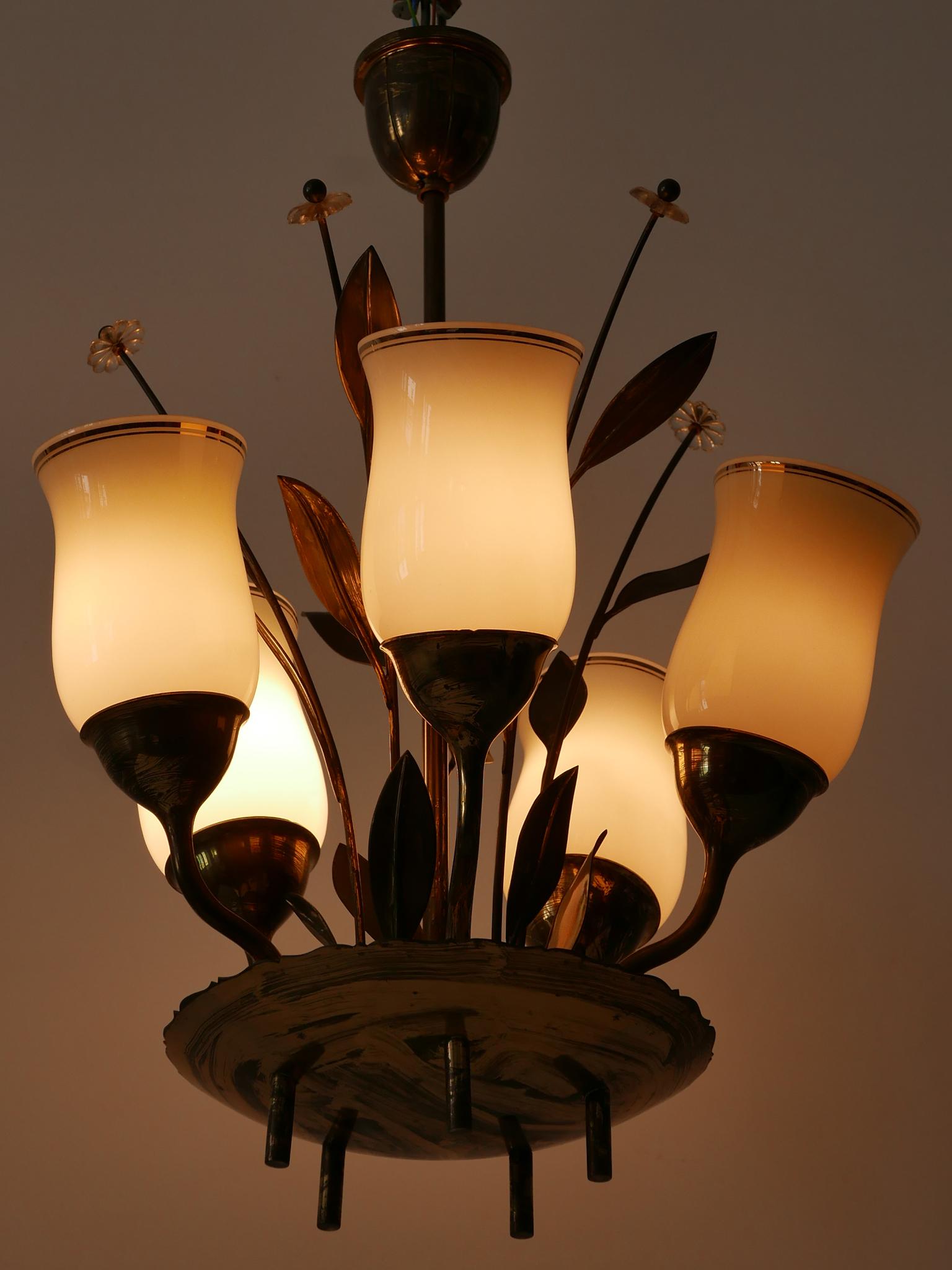 Exceptional Scandinavian Brass & Opal Glass Chandelier or Ceiling Lamp, 1950s For Sale 1