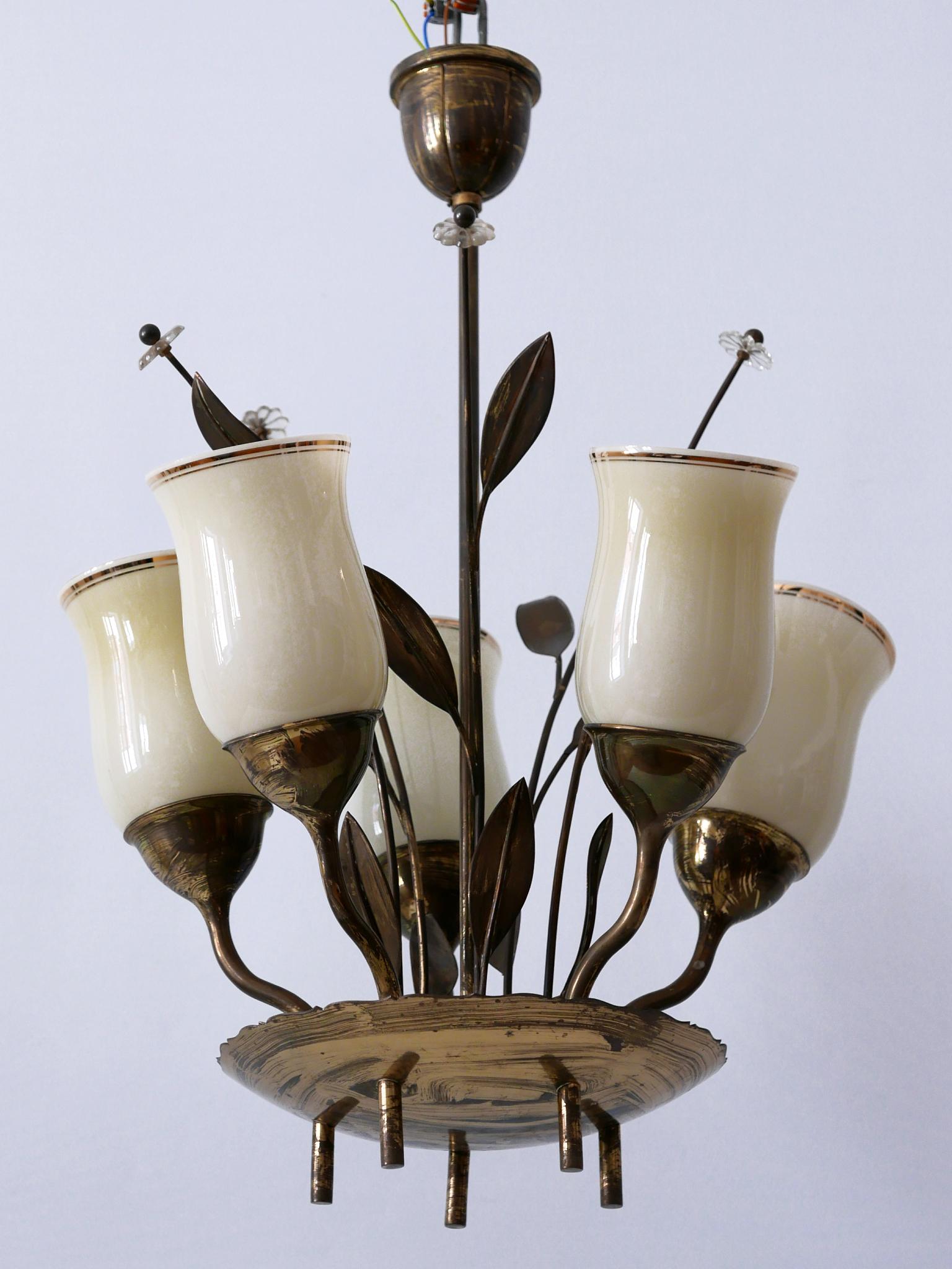Exceptional Scandinavian Brass & Opal Glass Chandelier or Ceiling Lamp, 1950s For Sale 2