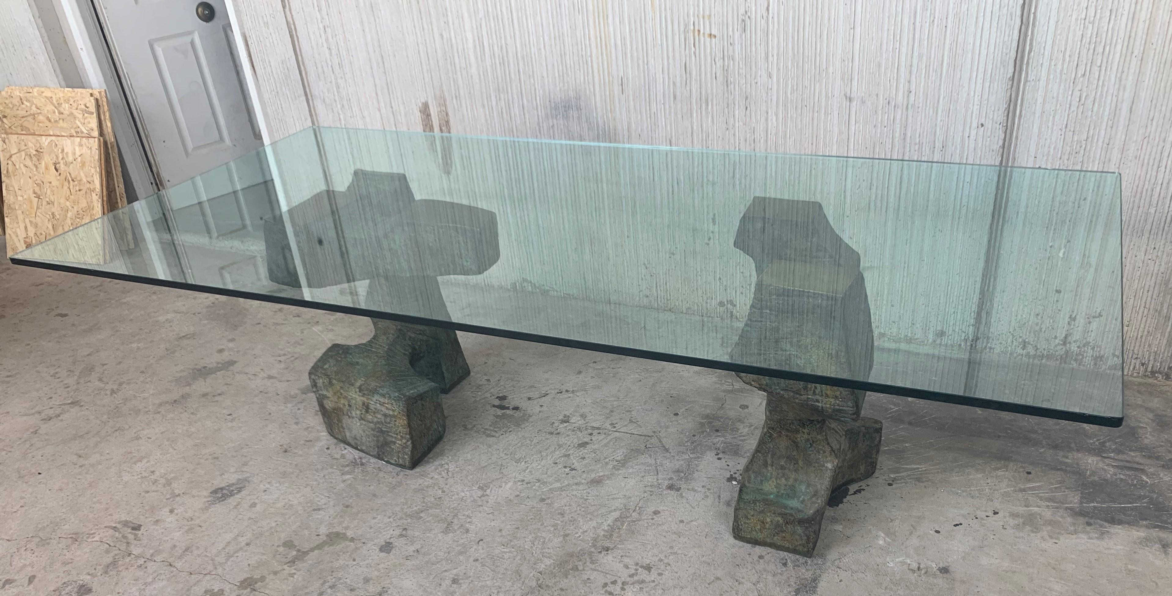 Spanish Exceptional Sculpted Pedestals in Bronze, Modern Dining Table by Valenti, Spain